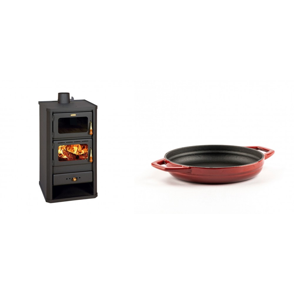 Set Kaminofen, Holzofen mit Backfach Prity, Modell FM, Leistung 12.1kW + Emaillierte gusseisenpfanne mit zwei Griffen Solagio, Rubin, Ф16cm | Holzofen | Kaminofen |