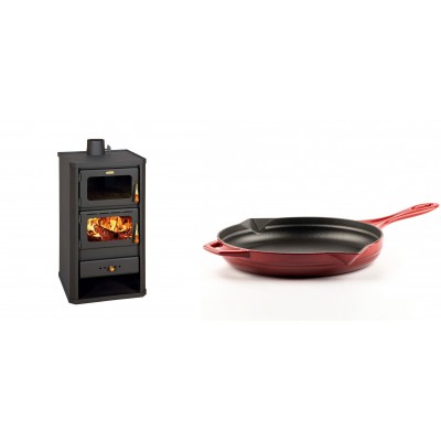 Set Kaminofen, Holzofen mit Backfach Prity, Modell FM, Leistung 12.1kW + Emaillierte Gusseisenpfanne Solagio, Rubin, Ф28cm - Kaminofen - Holzofen mit Backfach