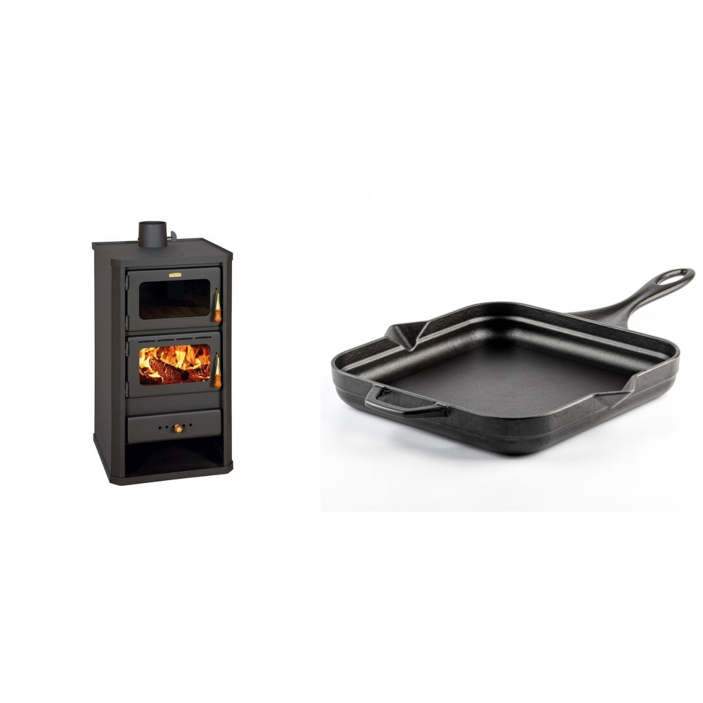 Set Kaminofen, Holzofen mit Backfach Prity, Modell FM, Leistung 12.1kW + Emaillierte Gusseisenpfanne Solagio, Black Onyx, 28x28cm | Holzofen | Kaminofen |