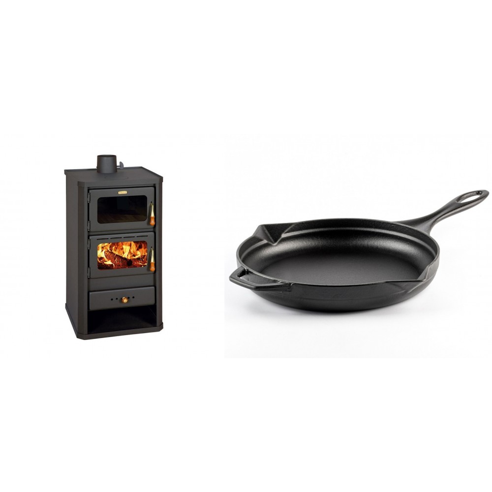 Set Kaminofen, Holzofen mit Backfach Prity, Modell FM, Leistung 12.1kW + Emaillierte Gusseisenpfanne Solagio, Black Onyx, Ф28cm