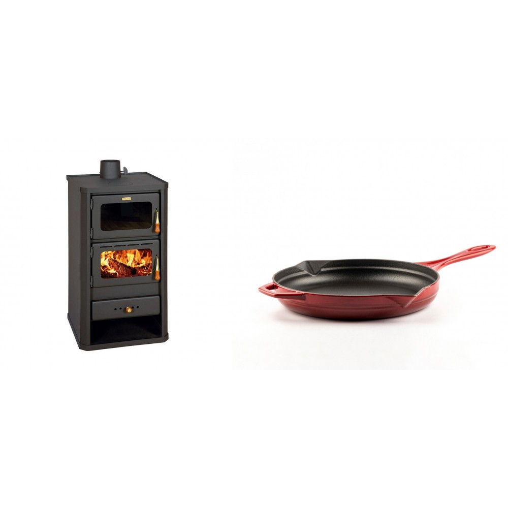 Set Kaminofen, Holzofen mit Backfach Prity, Modell FM, Leistung 12.1kW + Emaillierte Gusseisenpfanne Solagio, Rubin, Ф24cm
