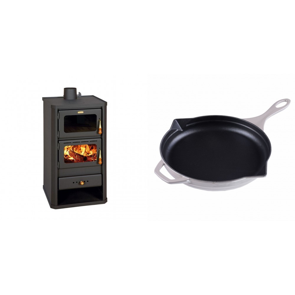 Set Kaminofen, Holzofen mit Backfach Prity, Modell FM, Leistung 12.1kW + Emaillierte Gusseisenpfanne Solagio, Ivory, Ф28cm | Holzofen | Kaminofen |