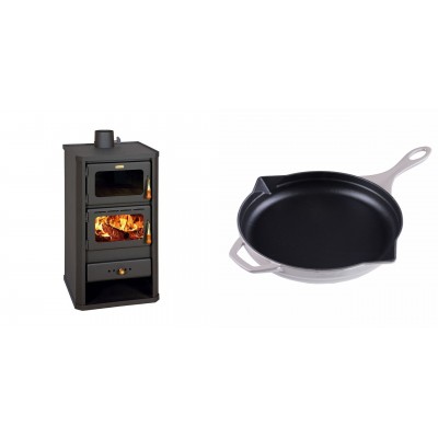 Set Kaminofen, Holzofen mit Backfach Prity, Modell FM, Leistung 12.1kW + Emaillierte Gusseisenpfanne Solagio, Ivory, Ф28cm - Kaminofen - Holzofen mit Backfach