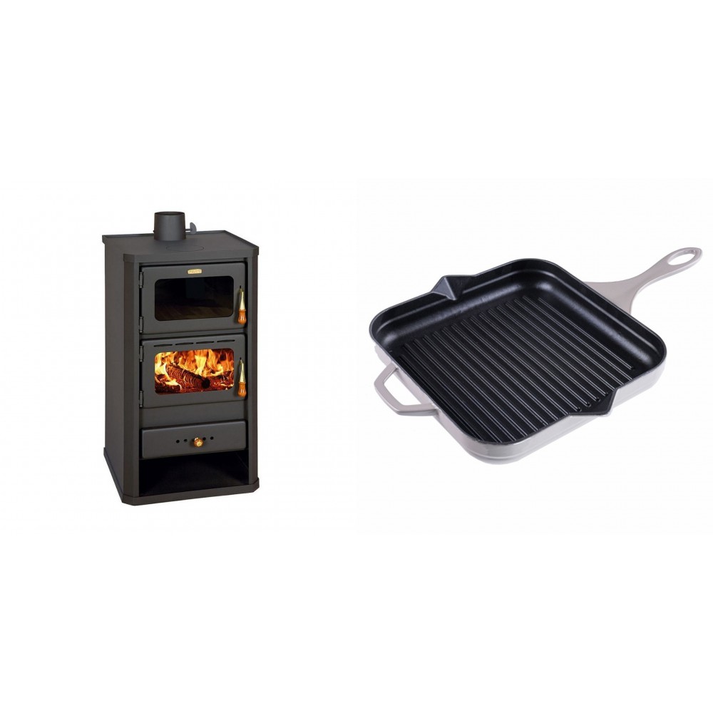 Set Kaminofen, Holzofen mit Backfach Prity, Modell FM, Leistung 12.1kW + Emaillierte grillpfanne Gusseisen Solagio, Ivory, 28x28cm