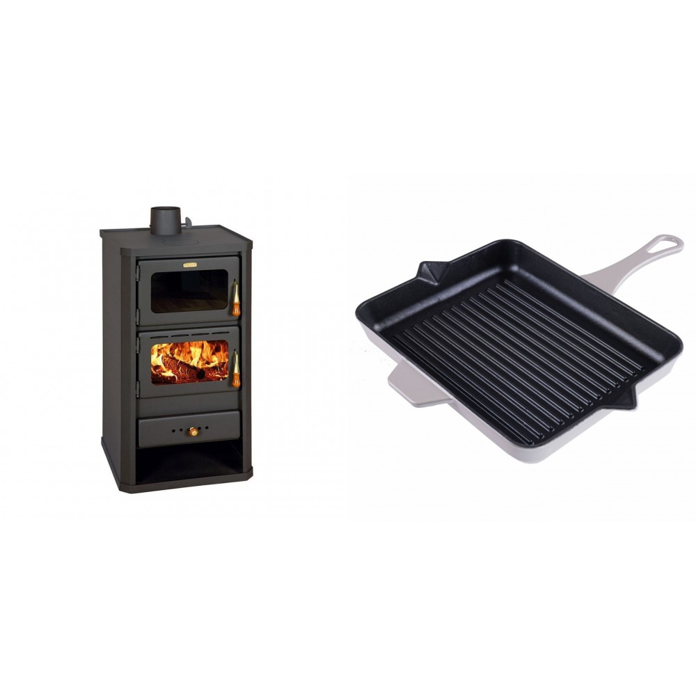 Set Kaminofen, Holzofen mit Backfach Prity, Modell FM, Leistung 12.1kW + Emaillierte grillpfanne Gusseisen Solagio, Ivory, 26x32cm