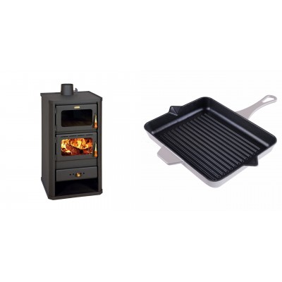Set Kaminofen, Holzofen mit Backfach Prity, Modell FM, Leistung 12.1kW + Emaillierte grillpfanne Gusseisen Solagio, Ivory, 26x32cm - Kaminofen - Holzofen mit Backfach