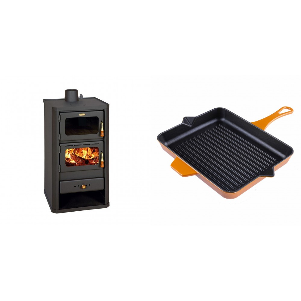 Set Kaminofen, Holzofen mit Backfach Prity, Modell FM, Leistung 12.1kW + Emaillierte grillpfanne Gusseisen Solagio, Dijon, 26x32cm