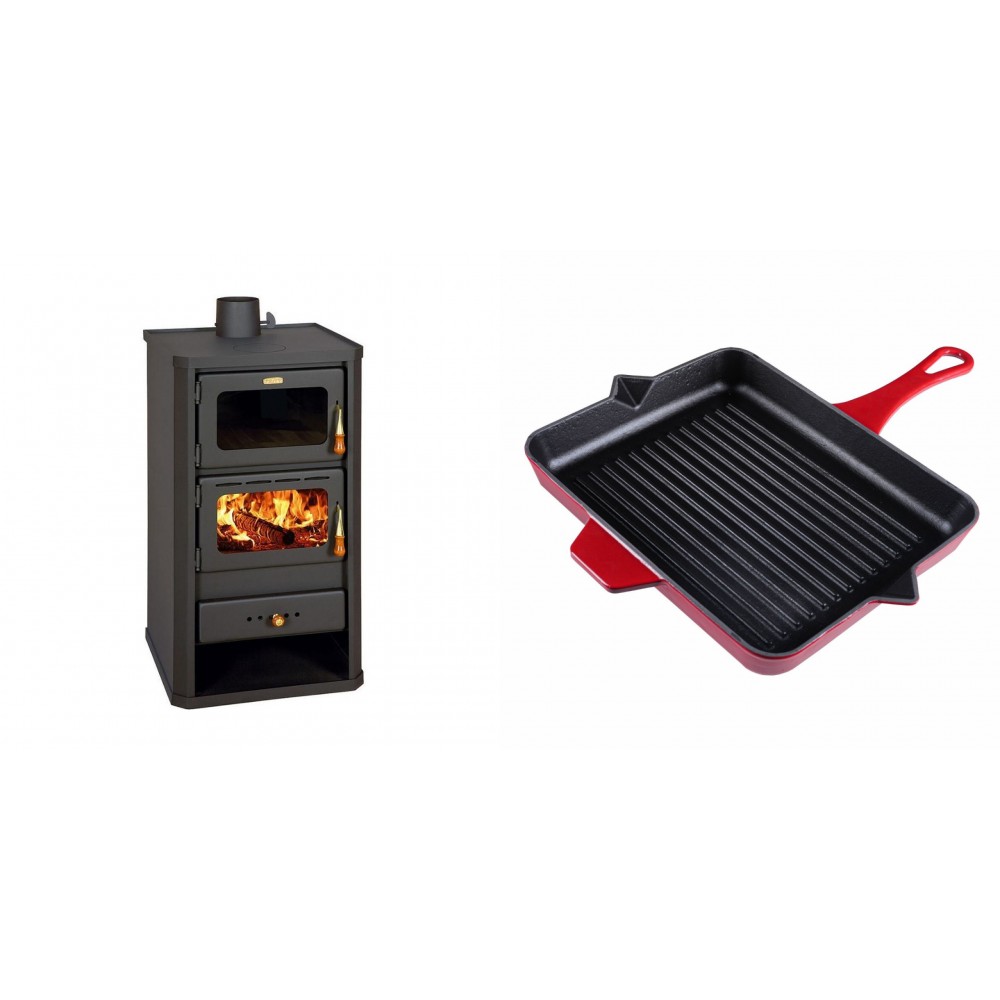 Set Kaminofen, Holzofen mit Backfach Prity, Modell FM, Leistung 12.1kW + Emaillierte grillpfanne Gusseisen Solagio, Rubin, 26x32cm | Holzofen | Kaminofen |