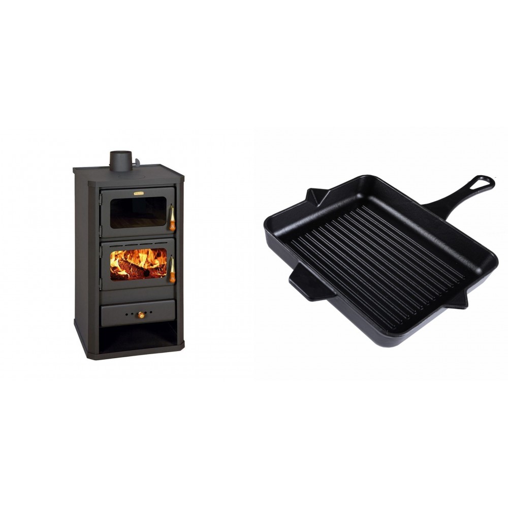 Set Kaminofen, Holzofen mit Backfach Prity, Modell FM, Leistung 12.1kW + Emaillierte grillpfanne Gusseisen Solagio, Black Onyx, 26x32cm | Holzofen | Kaminofen |