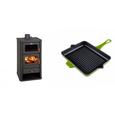 Set Kaminofen, Holzofen mit Backfach Prity, Modell FM, Leistung 12.1kW + Emaillierte grillpfanne Gusseisen Solagio, Bamboo, 26x32cm - Kaminofen - Holzofen mit Backfach