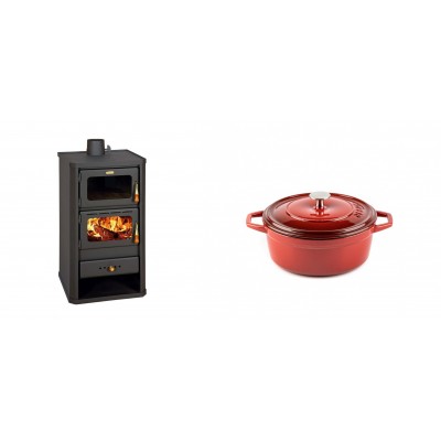 Set Kaminofen, Holzofen mit Backfach Prity, Modell FM, Leistung 12.1kW + Gusseisen Topf Tiefer Solagio, Rubin, Ф12 - Kaminofen - Holzofen mit Backfach
