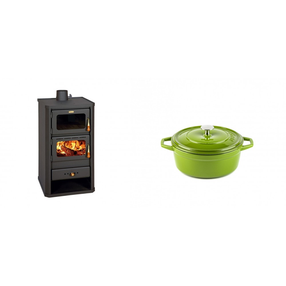 Set Kaminofen, Holzofen mit Backfach Prity, Modell FM, Leistung 12.1kW + Gusseisen Topf Tiefer Solagio, Bamboo, Ф12 | Holzofen | Kaminofen |