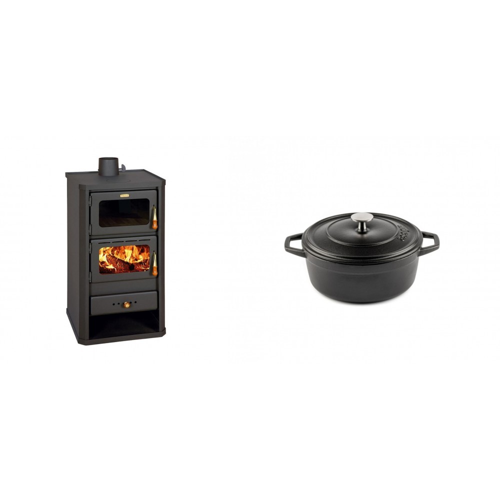 Set Kaminofen, Holzofen mit Backfach Prity, Modell FM, Leistung 12.1kW + Gusseisen Topf Tiefer Solagio, Black Onyx, Ф12