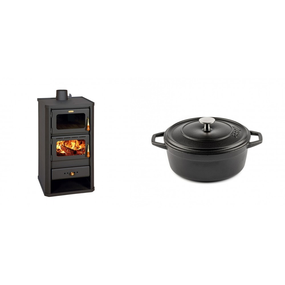 Set Kaminofen, Holzofen mit Backfach Prity, Modell FM, Leistung 12.1kW + Gusseisen Topf Tiefer Solagio, Black Onyx, Ф20