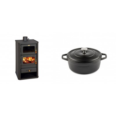Set Kaminofen, Holzofen mit Backfach Prity, Modell FM, Leistung 12.1kW + Gusseisen Topf Tiefer Solagio, Black Onyx, Ф20 - Kaminofen - Holzofen mit Backfach