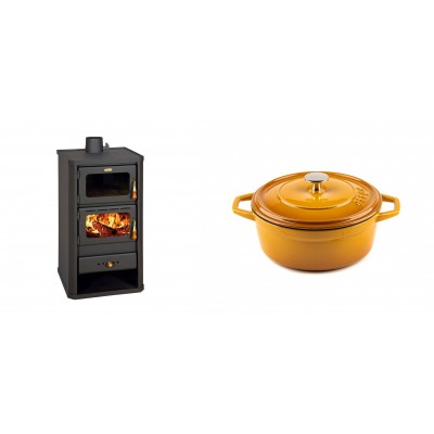 Set Kaminofen, Holzofen mit Backfach Prity, Modell FM, Leistung 12.1kW + Gusseisen Topf Tiefer Solagio, Dijon, Ф20 - Kaminofen - Holzofen mit Backfach