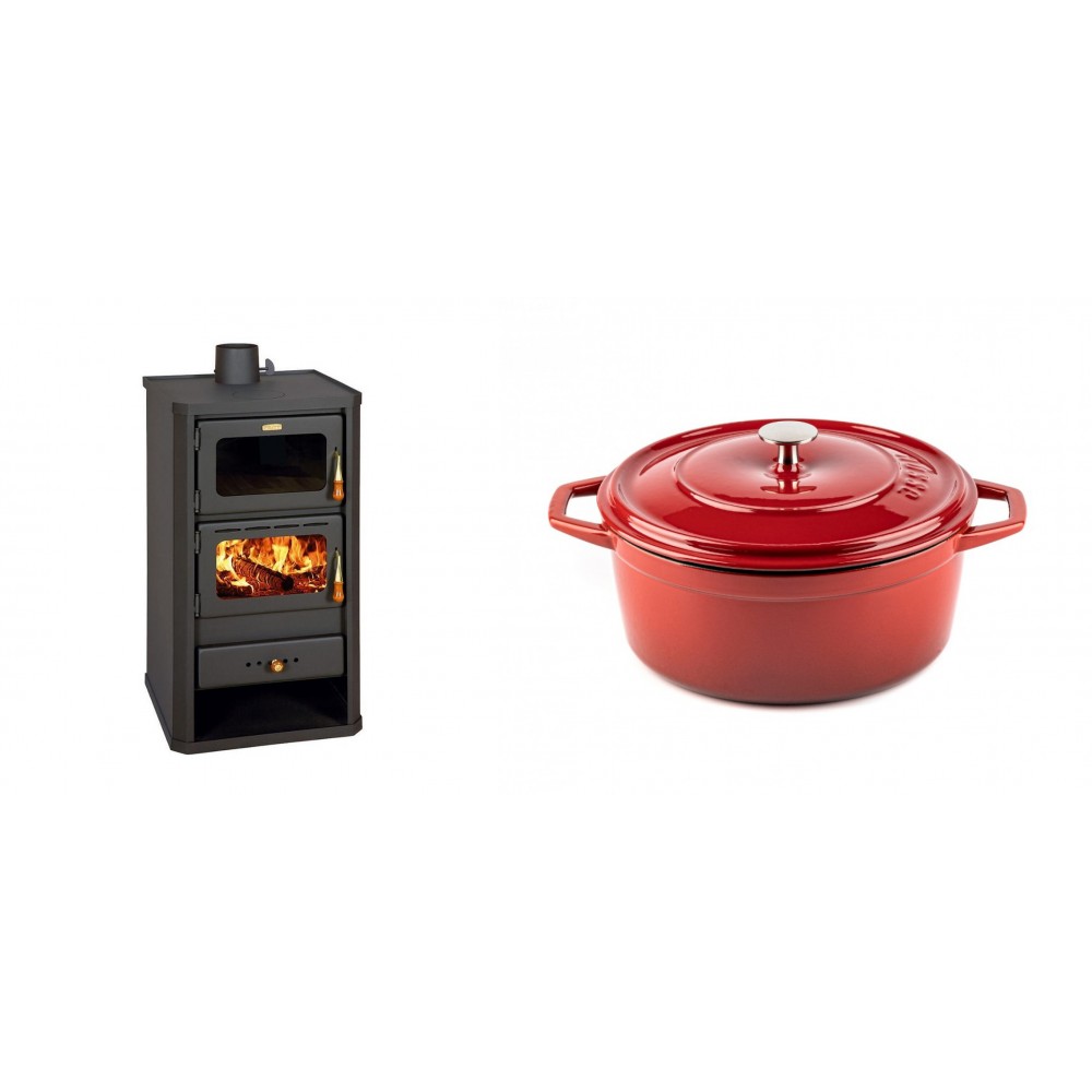 Set Kaminofen, Holzofen mit Backfach Prity, Modell FM, Leistung 12.1kW + Gusseisen Topf Tiefer Solagio, Rubin, Ф24