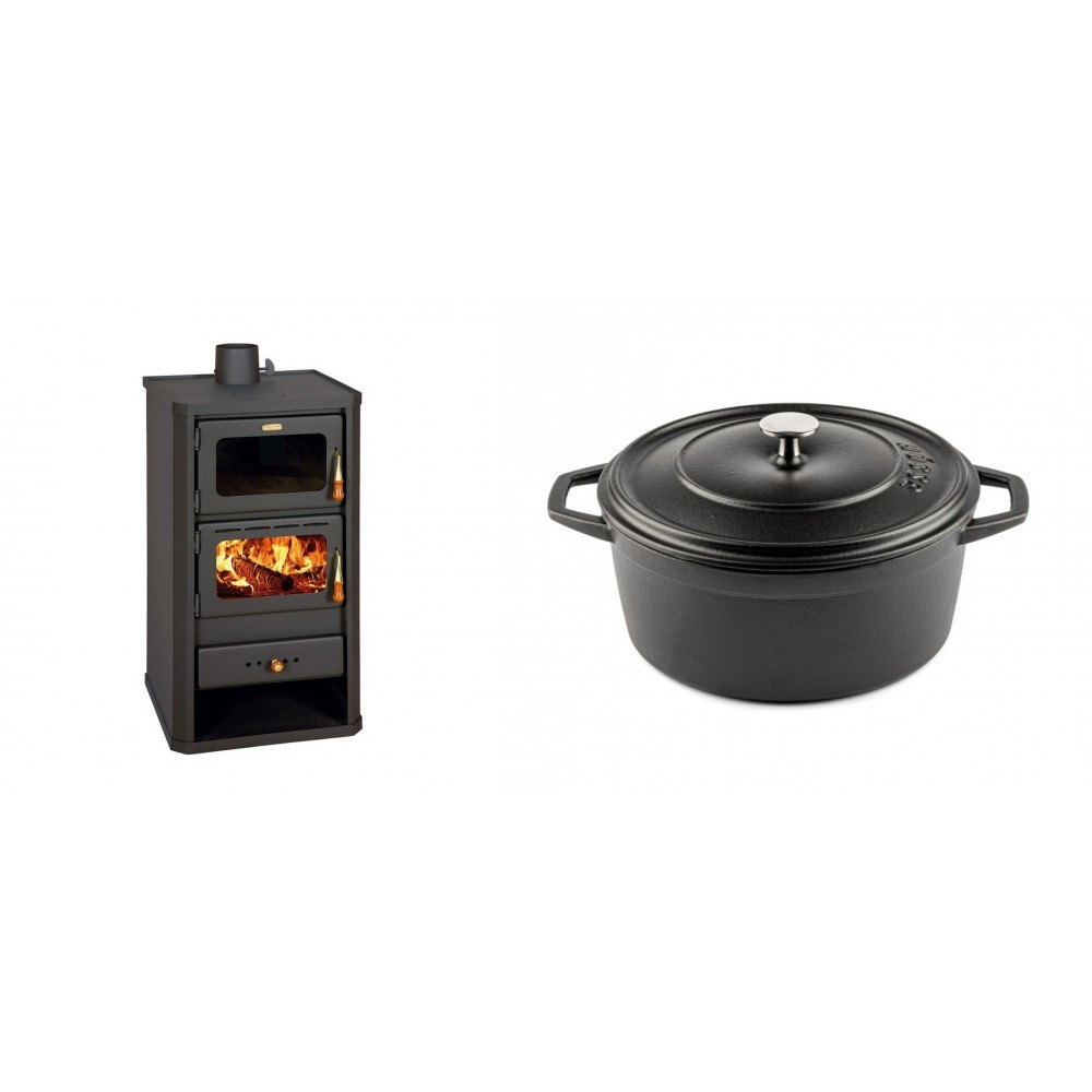 Set Kaminofen, Holzofen mit Backfach Prity, Modell FM, Leistung 12.1kW + Gusseisen Topf Tiefer Solagio, Black Onyx, Ф24