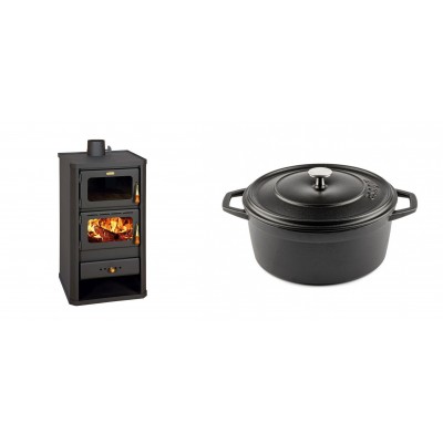 Set Kaminofen, Holzofen mit Backfach Prity, Modell FM, Leistung 12.1kW + Gusseisen Topf Tiefer Solagio, Black Onyx, Ф24 - Kaminofen - Holzofen mit Backfach