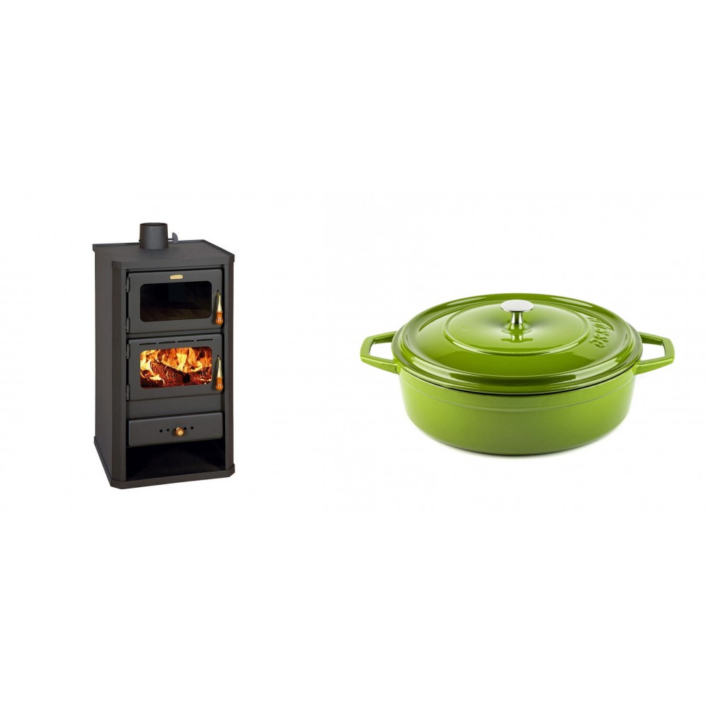 Set Kaminofen, Holzofen mit Backfach Prity, Modell FM, Leistung 12.1kW + Gusseisen Topf Flach Solagio, Bamboo, Ф26