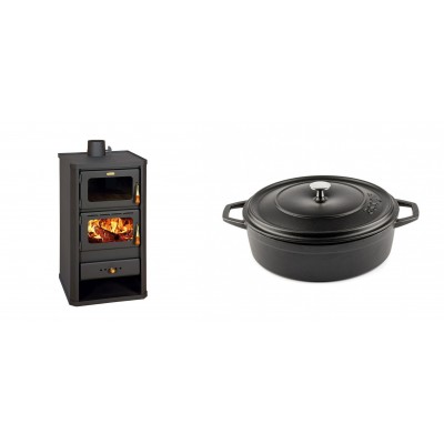 Set Kaminofen, Holzofen mit Backfach Prity, Modell FM, Leistung 12.1kW + Gusseisen Topf Flach Solagio, Black Onyx, Ф26 - Kaminofen - Holzofen mit Backfach
