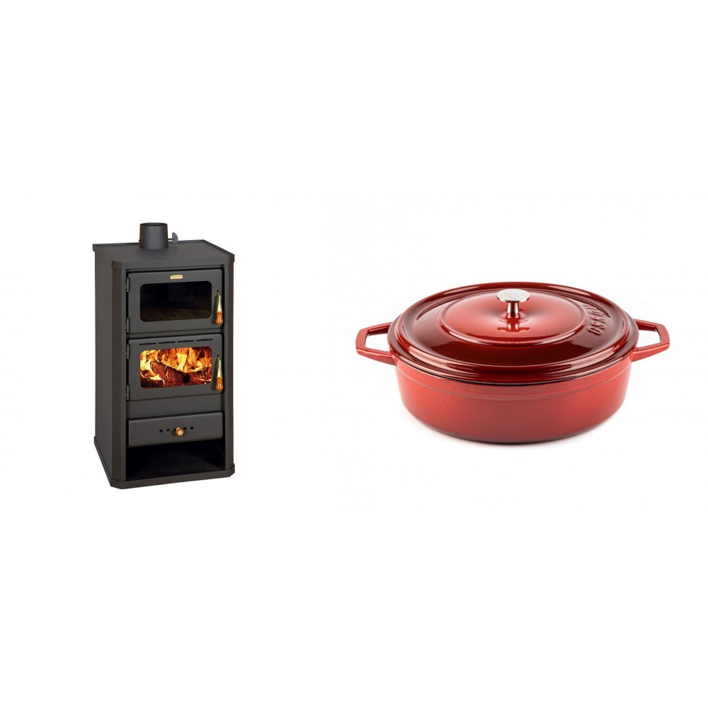 Set Kaminofen, Holzofen mit Backfach Prity, Modell FM, Leistung 12.1kW + Gusseisen Topf Flach Solagio, Rubin, Ф26