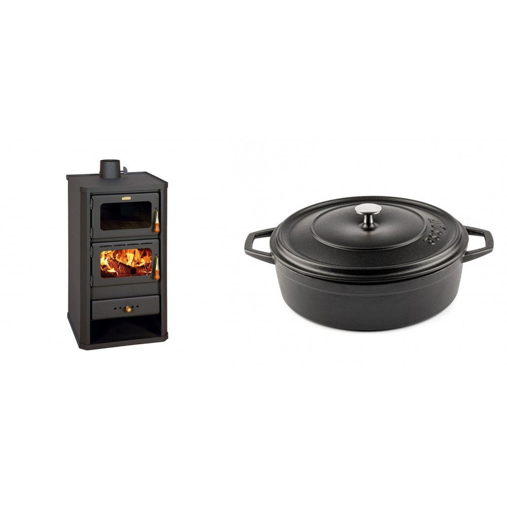 Set Kaminofen, Holzofen mit Backfach Prity, Modell FM, Leistung 12.1kW + Gusseisen Topf Flach Solagio, Black Onyx, Ф28