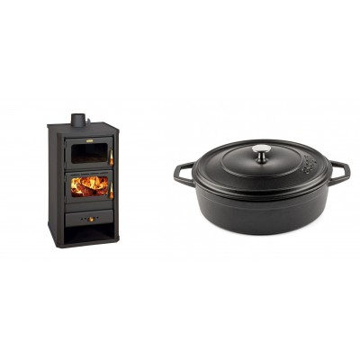 Set Kaminofen, Holzofen mit Backfach Prity, Modell FM, Leistung 12.1kW + Gusseisen Topf Flach Solagio, Black Onyx, Ф28 - Kaminofen - Holzofen mit Backfach