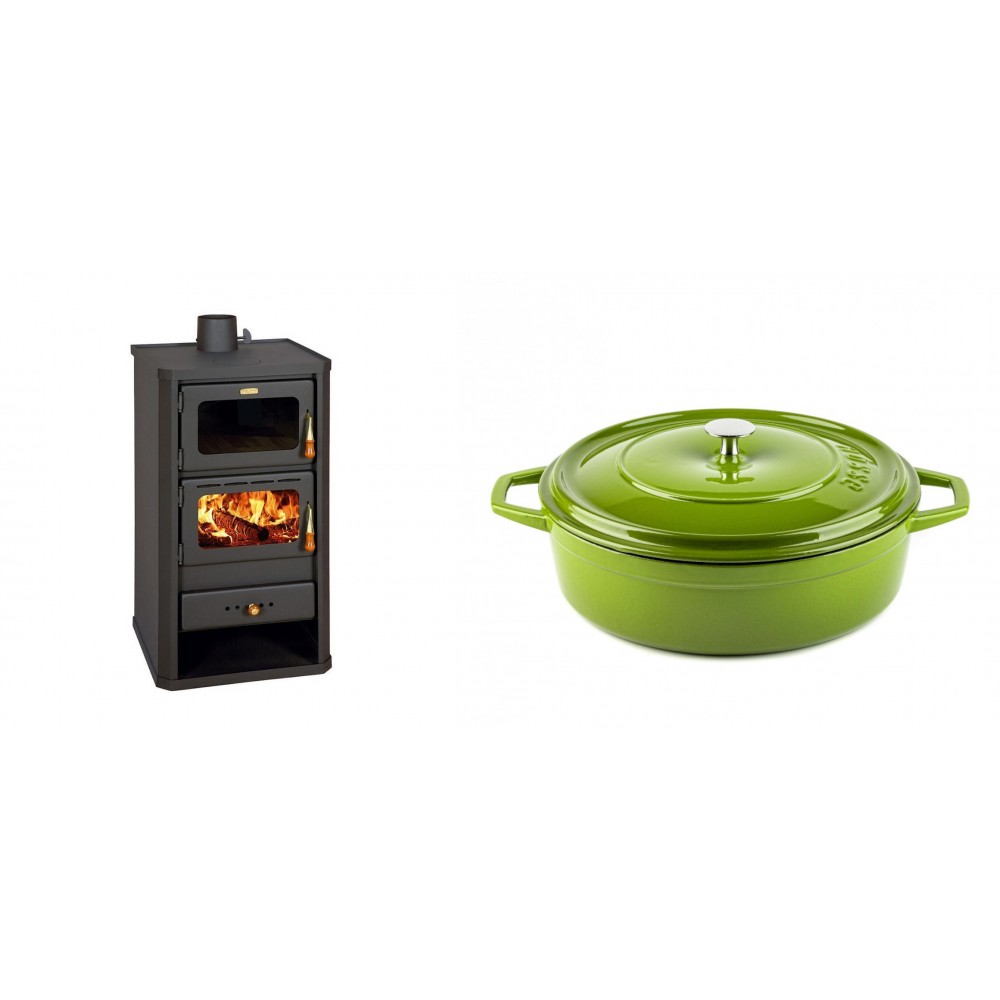 Set Kaminofen, Holzofen mit Backfach Prity, Modell FM, Leistung 12.1kW + Gusseisen Topf Flach Solagio, Bamboo, Ф28