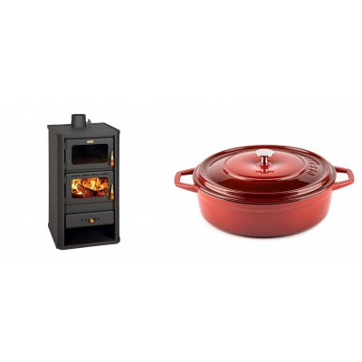 Set Kaminofen, Holzofen mit Backfach Prity, Modell FM, Leistung 12.1kW + Gusseisen Topf Flach Solagio, Rubin, Ф28 - Kaminofen - Holzofen mit Backfach