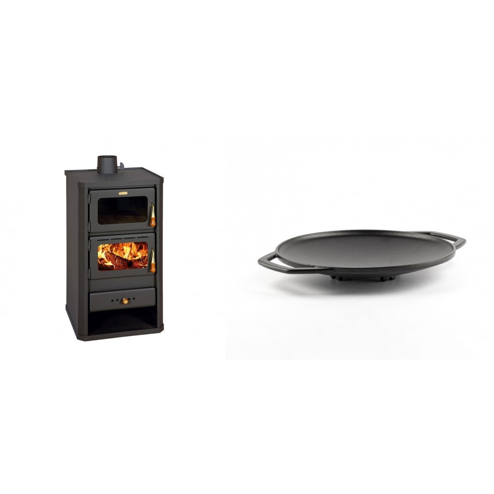 Set Kaminofen, Holzofen mit Backfach Prity, Modell FM, Leistung 12.1kW + Backplatte aus Gusseisen Solagio, Ф28cm | Holzofen | Kaminofen |