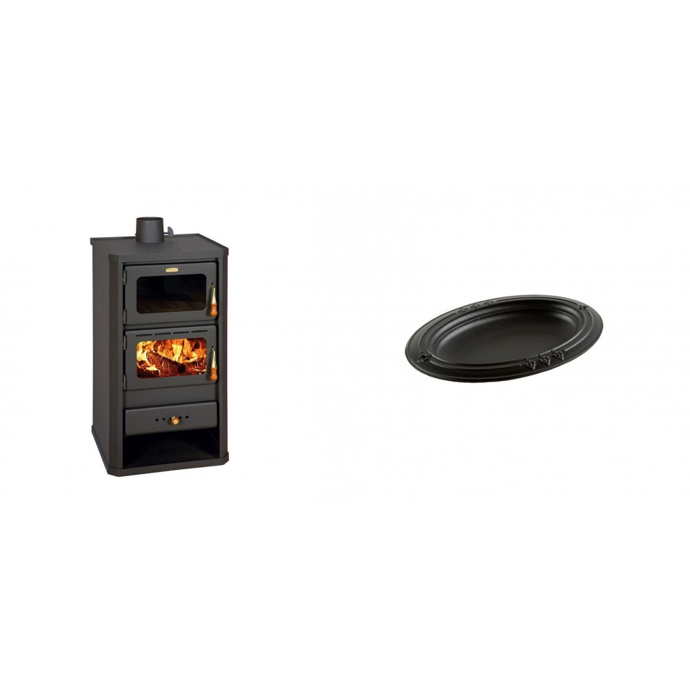 Set Kaminofen, Holzofen mit Backfach Prity, Modell FM, Leistung 12.1kW + Gusseiserne auflaufform Solagio oval, 17x28cm