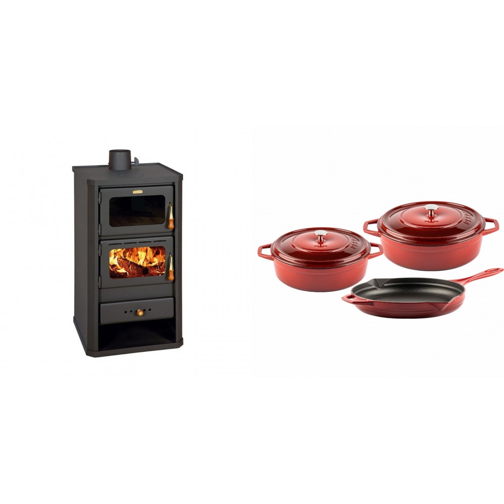 Set Kaminofen, Holzofen mit Backfach Prity, Modell FM, Leistung 12.1kW + Gusseisen Topf Set aus 3 teilen Solagio, Rubin | Holzofen | Kaminofen |