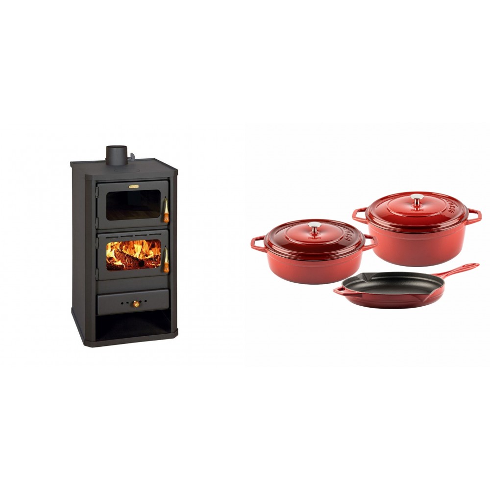 Set Kaminofen, Holzofen mit Backfach Prity, Modell FM, Leistung 12.1kW + Gusseisen Topf Set aus 3 teilen Solagio, Rubin | Holzofen | Kaminofen |