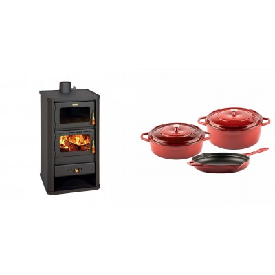 Set Kaminofen, Holzofen mit Backfach Prity, Modell FM, Leistung 12.1kW + Gusseisen Topf Set aus 3 teilen Solagio, Rubin - Kaminofen - Holzofen mit Backfach