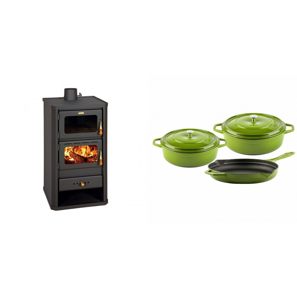 Set Kaminofen, Holzofen mit Backfach Prity, Modell FM, Leistung 12.1kW + Gusseisen Topf Set aus 3 teilen Solagio, Bamboo | Holzofen | Kaminofen |