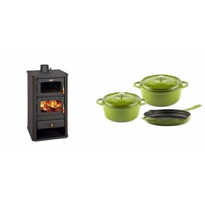 Set Kaminofen, Holzofen mit Backfach Prity, Modell FM, Leistung 12.1kW + Gusseisen Topf Set aus 3 teilen Solagio, Bamboo - Kaminofen - Holzofen mit Backfach