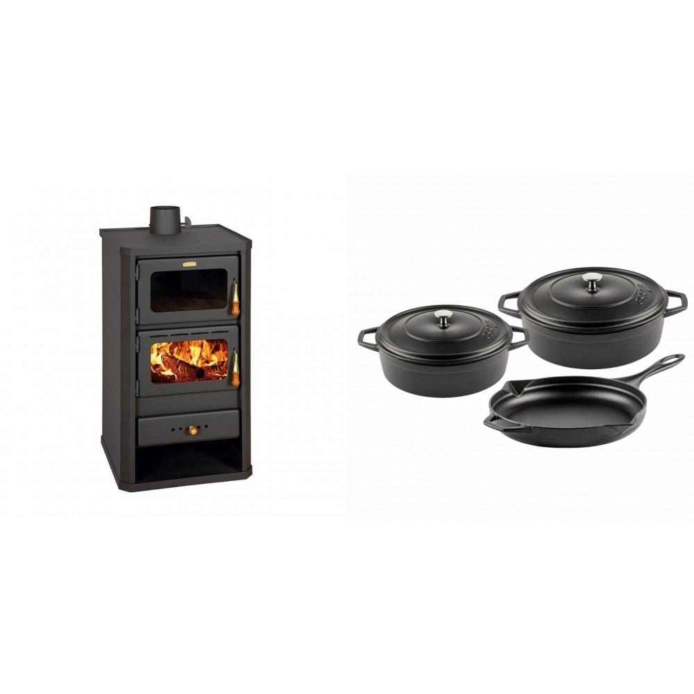 Set Kaminofen, Holzofen mit Backfach Prity, Modell FM, Leistung 12.1kW + Gusseisen Topf Set aus 3 teilen Solagio, Black Onyx | Holzofen | Kaminofen |