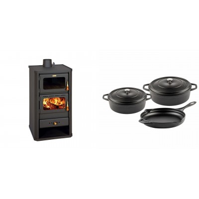 Set Kaminofen, Holzofen mit Backfach Prity, Modell FM, Leistung 12.1kW + Gusseisen Topf Set aus 3 teilen Solagio, Black Onyx - Kaminofen - Holzofen mit Backfach