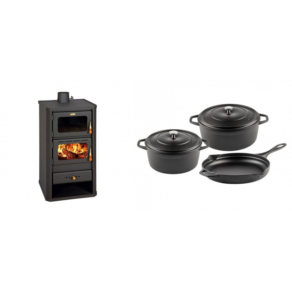 Set Kaminofen, Holzofen mit Backfach Prity, Modell FM, Leistung 12.1kW + Gusseisen Topf Set aus 3 teilen Solagio, Black Onyx | Holzofen | Kaminofen |