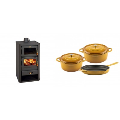 Set Kaminofen, Holzofen mit Backfach Prity, Modell FM, Leistung 12.1kW + Gusseisen Topf Set aus 3 teilen Solagio, Dijon - Kaminofen - Holzofen mit Backfach