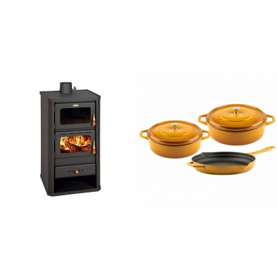 Set Kaminofen, Holzofen mit Backfach Prity, Modell FM, Leistung 12.1kW + Gusseisen Topf Set aus 3 teilen Solagio, Dijon - Kaminofen - Holzofen mit Backfach