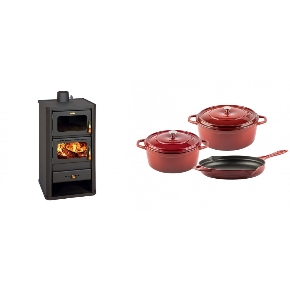Set Kaminofen, Holzofen mit Backfach Prity, Modell FM, Leistung 12.1kW + Gusseisen Topf Set aus 3 teilen Solagio, Rubin