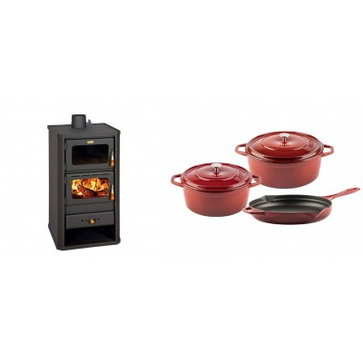 Set Kaminofen, Holzofen mit Backfach Prity, Modell FM, Leistung 12.1kW + Gusseisen Topf Set aus 3 teilen Solagio, Rubin - Kaminofen - Holzofen mit Backfach