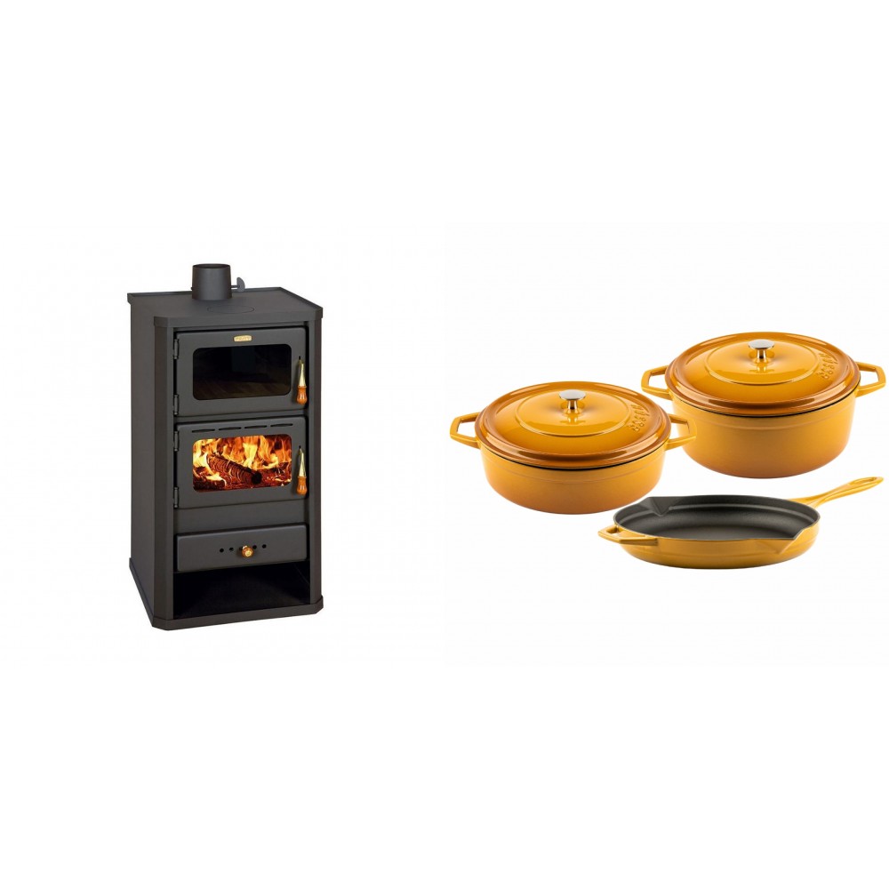 Set Kaminofen, Holzofen mit Backfach Prity, Modell FM, Leistung 12.1kW + Gusseisen Topf Set aus 3 teilen Solagio, Dijon