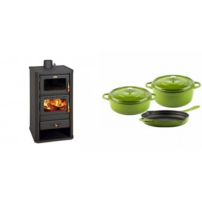 Set Kaminofen, Holzofen mit Backfach Prity, Modell FM, Leistung 12.1kW + Gusseisen Topf Set aus 3 teilen Solagio, Bamboo - Kaminofen - Holzofen mit Backfach