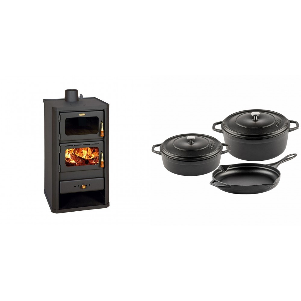 Set Kaminofen, Holzofen mit Backfach Prity, Modell FM, Leistung 12.1kW + Gusseisen Topf Set aus 3 teilen Solagio, Black Onyx | Holzofen | Kaminofen |