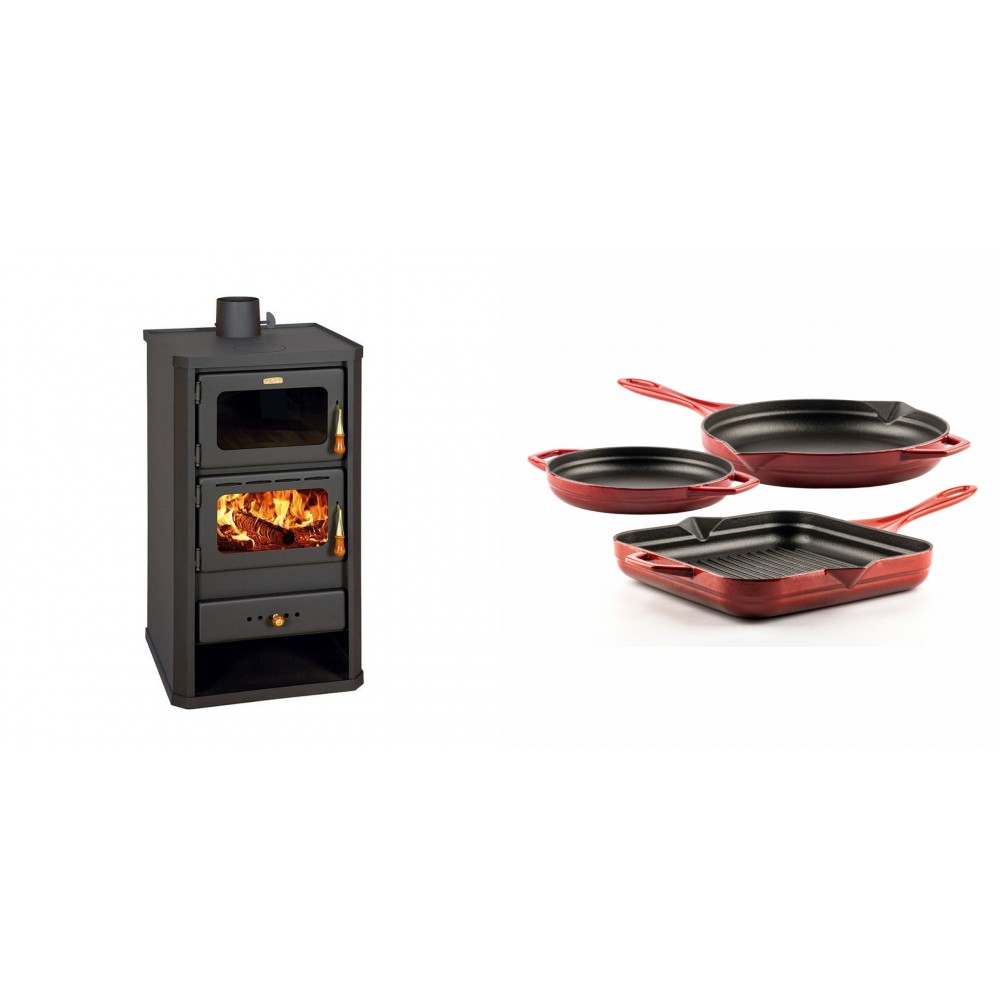 Set Kaminofen, Holzofen mit Backfach Prity, Modell FM, Leistung 12.1kW + Gusseisen Topf Set aus 3 teilen Solagio, Rubin | Holzofen | Kaminofen |