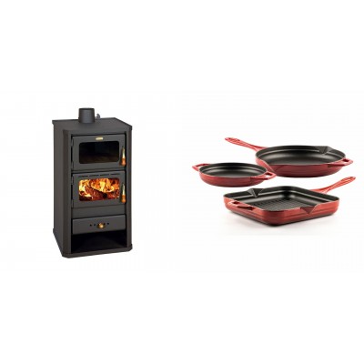 Set Kaminofen, Holzofen mit Backfach Prity, Modell FM, Leistung 12.1kW + Gusseisen Topf Set aus 3 teilen Solagio, Rubin - Kaminofen - Holzofen mit Backfach