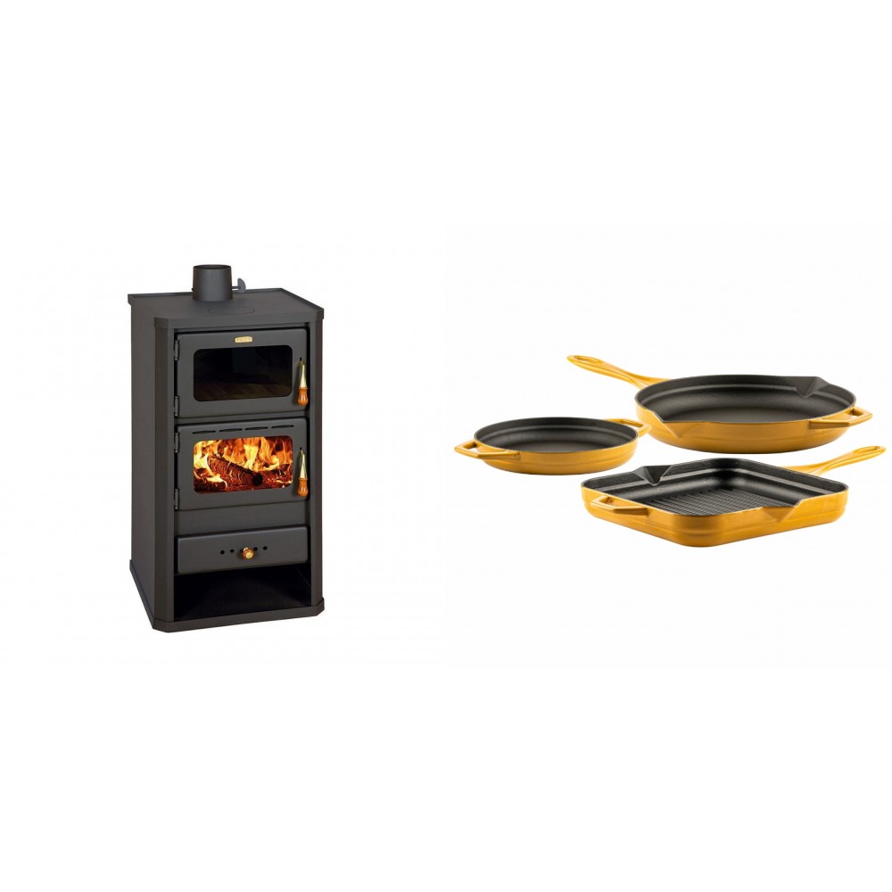Set Kaminofen, Holzofen mit Backfach Prity, Modell FM, Leistung 12.1kW + Gusseisen Topf Set aus 3 teilen Solagio, Dijon